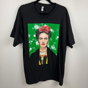 Frida Kahlo Roses Adult XL Black Crew Mexican Portrait Graphic Alstyle T-Shirt
